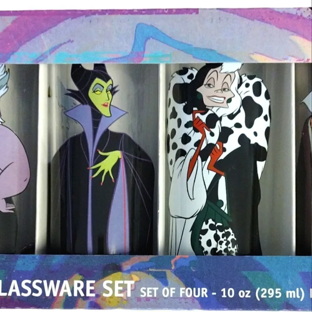 Disney‎ Villains Characters Prints 10oz Tumbler Glassware Set of 4 NWT